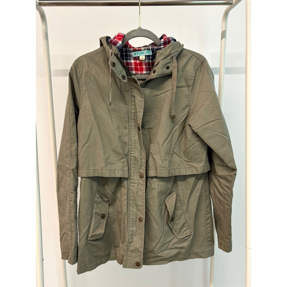 Aina Be Womens Utility Jacket Olive Green With Plaid Lined Hood